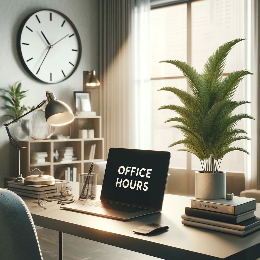 Office hours - muncă neîntreruptă 1 DALL·E 2024 05 17 11.46.55 A cozy modern office setup depicting office hours. The scene includes a sleek desk with a high tech laptop stacks of books and a digital clock show copy